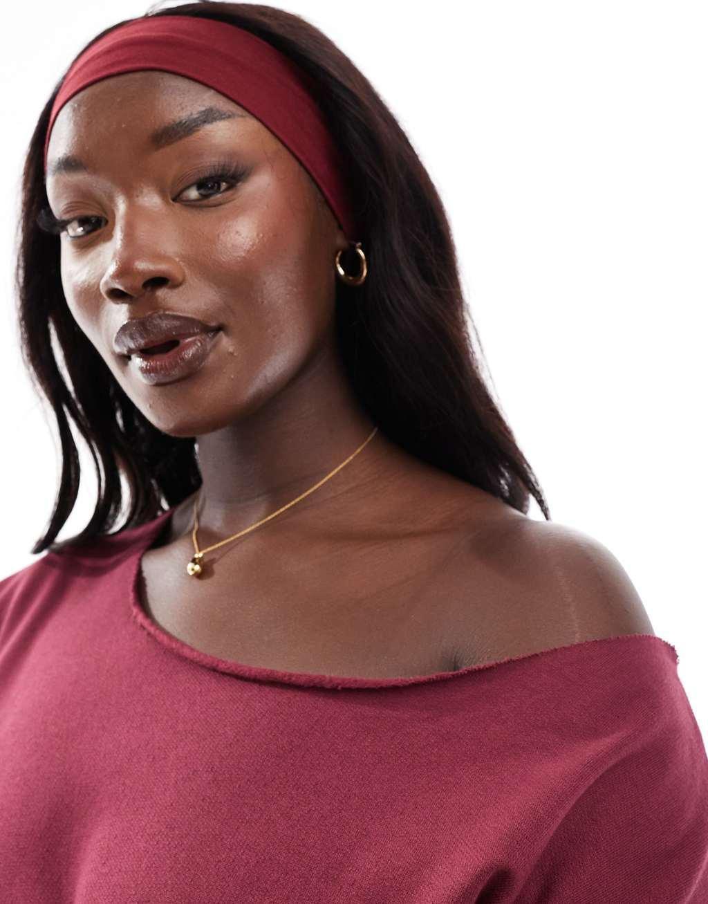 ASOS DESIGN Curve off shoulder sweatshirt in burgundy Product Image