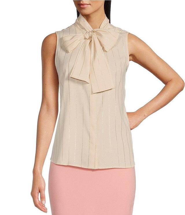 Donna Karan Stripe Tie Neckline Sleeveless Blouse Product Image