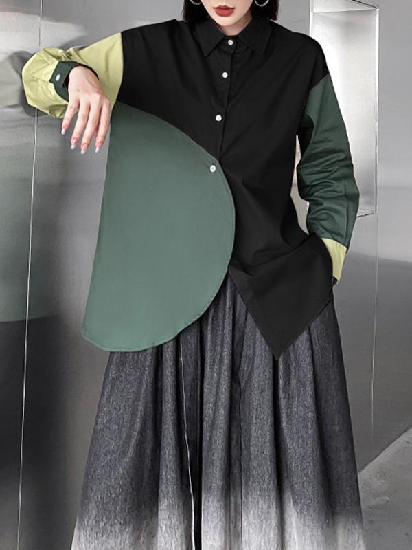 Long Sleeves Loose Asymmetric Buttoned Contrast Color Lapel Blouses&Shirts Tops product image