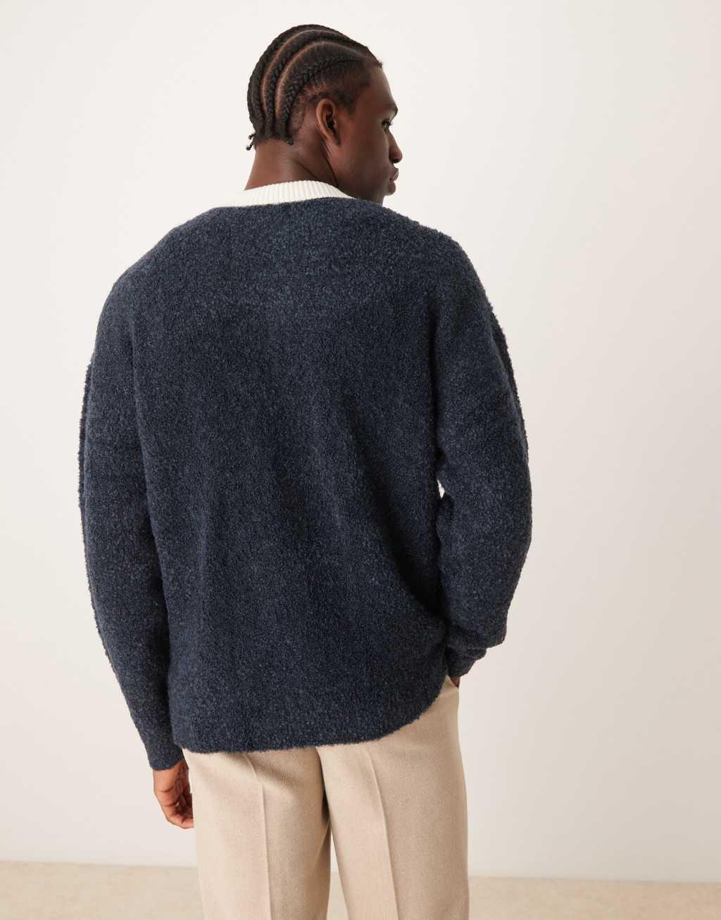 ASOS DESIGN knitted relaxed rugby boucle polo in navy Product Image