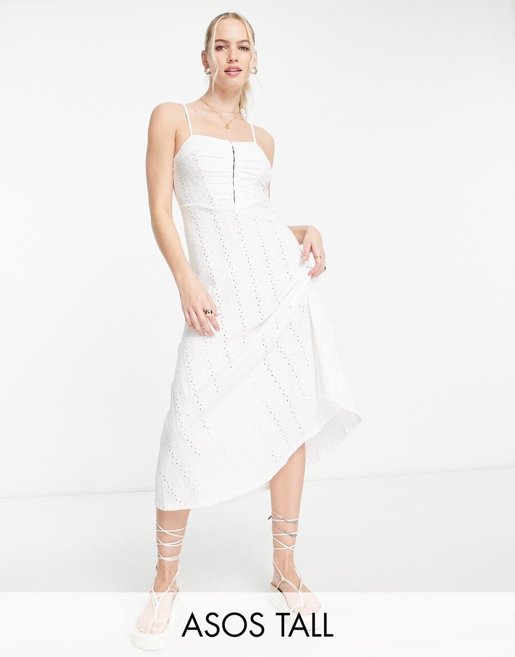 ASOS DESIGN Tall broderie strappy midi tea dress with hook and eye detail Product Image