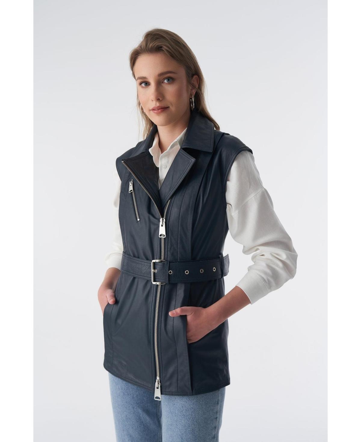 Furniq Uk Womens Genuine Leather Belted Waistcoat Navy Product Image