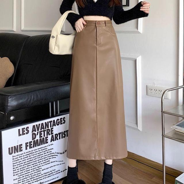 High Rise Plain Faux Leather Maxi A-Line Skirt Product Image