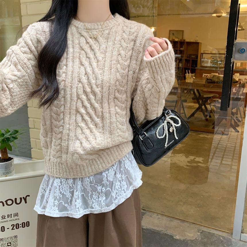 Crew Neck Plain Cable Knit Sweater Product Image