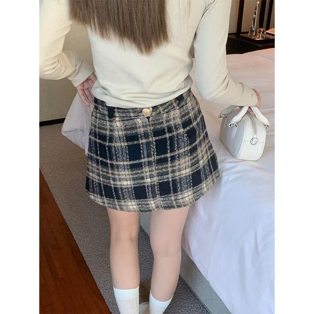 High Rise Plaid Mini A-Line Skirt Product Image