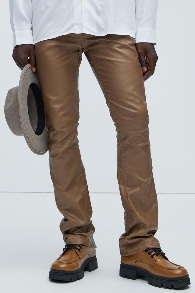 Keep It Solid Faux Leather Stacked Skinny Flare Pants - Brown Product Image