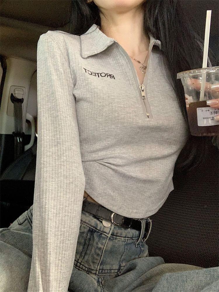 Long-Sleeve Half Zip Lettering Crop Polo Top Product Image