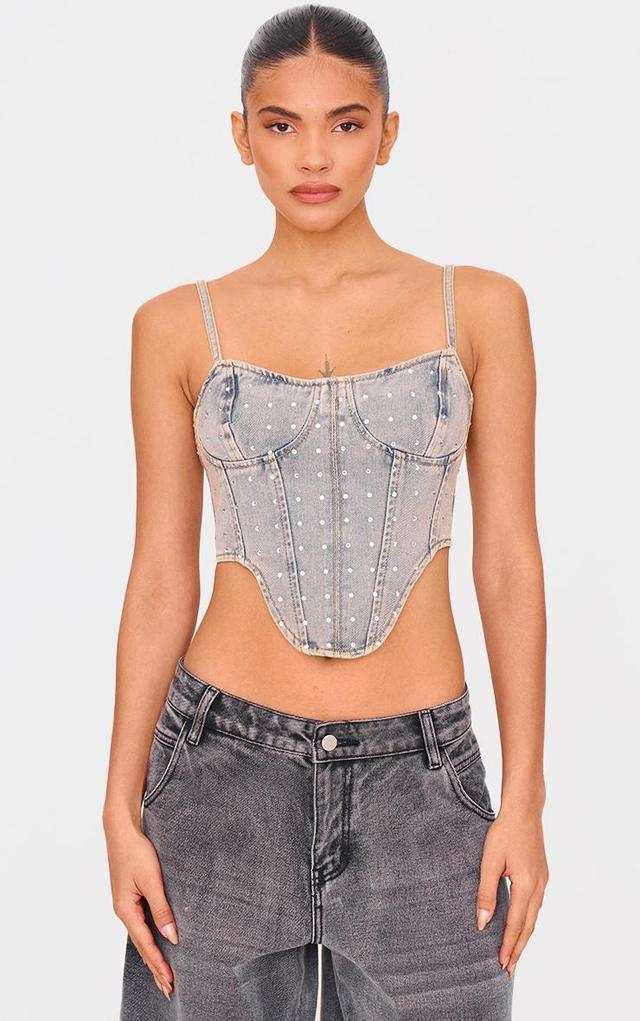 Pink Tint Vintage Wash Diamante Detail Curved Hem Denim Corset Top Product Image