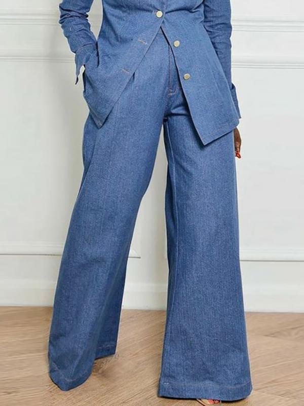 High Waisted Loose Pockets Solid Color Lapel Jean Pants Bottoms Product Image