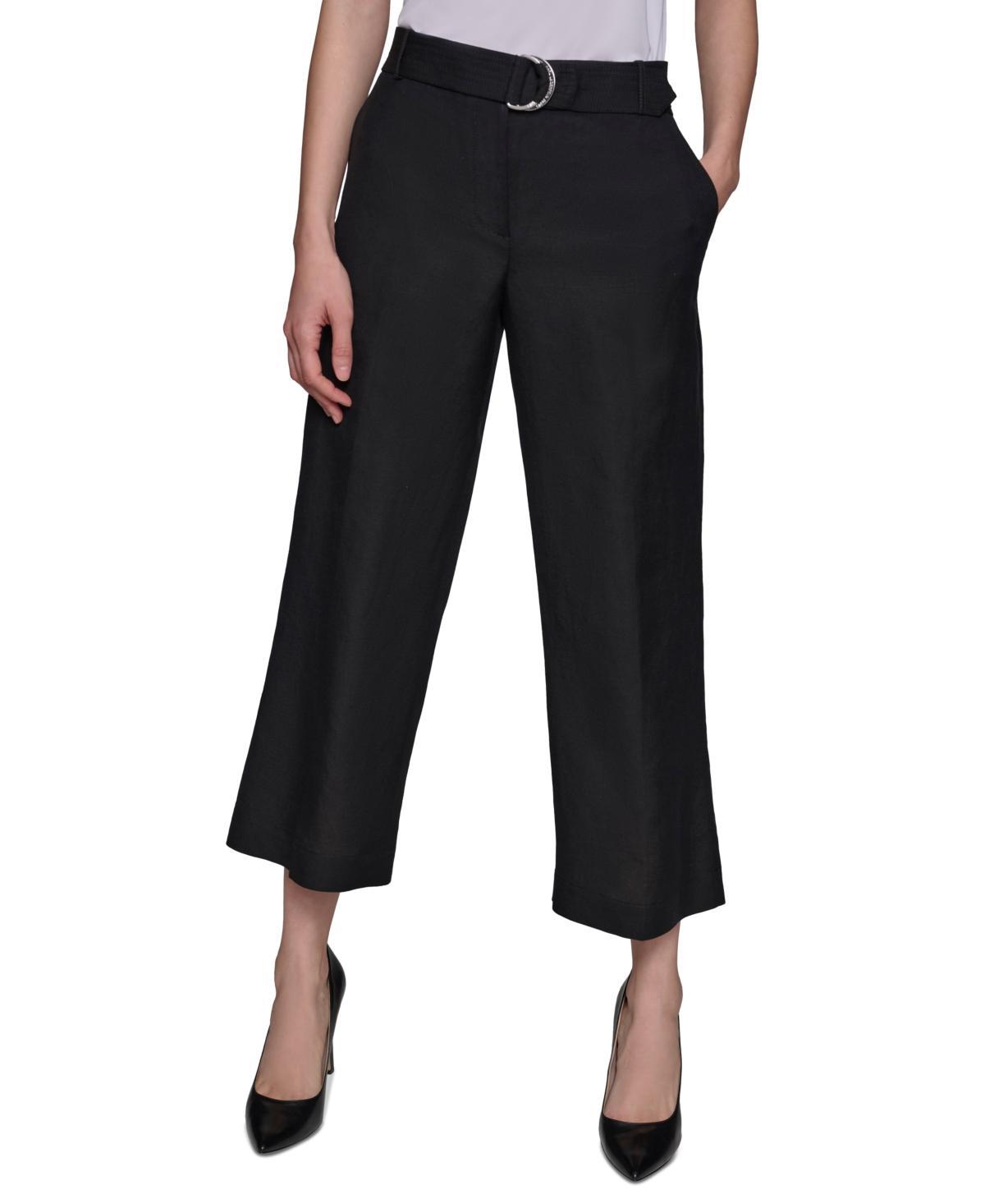 Karl Lagerfeld Womens Mid Rise Belted Cropped Linen-Blend Pants Product Image