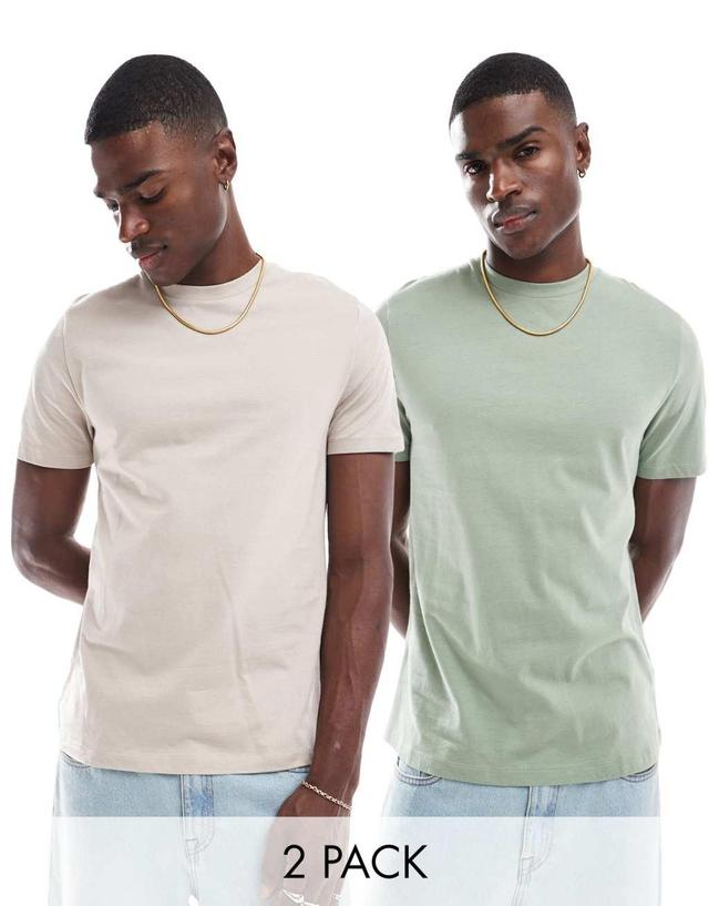 ASOS DESIGN 2 pack crew neck t-shirts in stone and light green Product Image