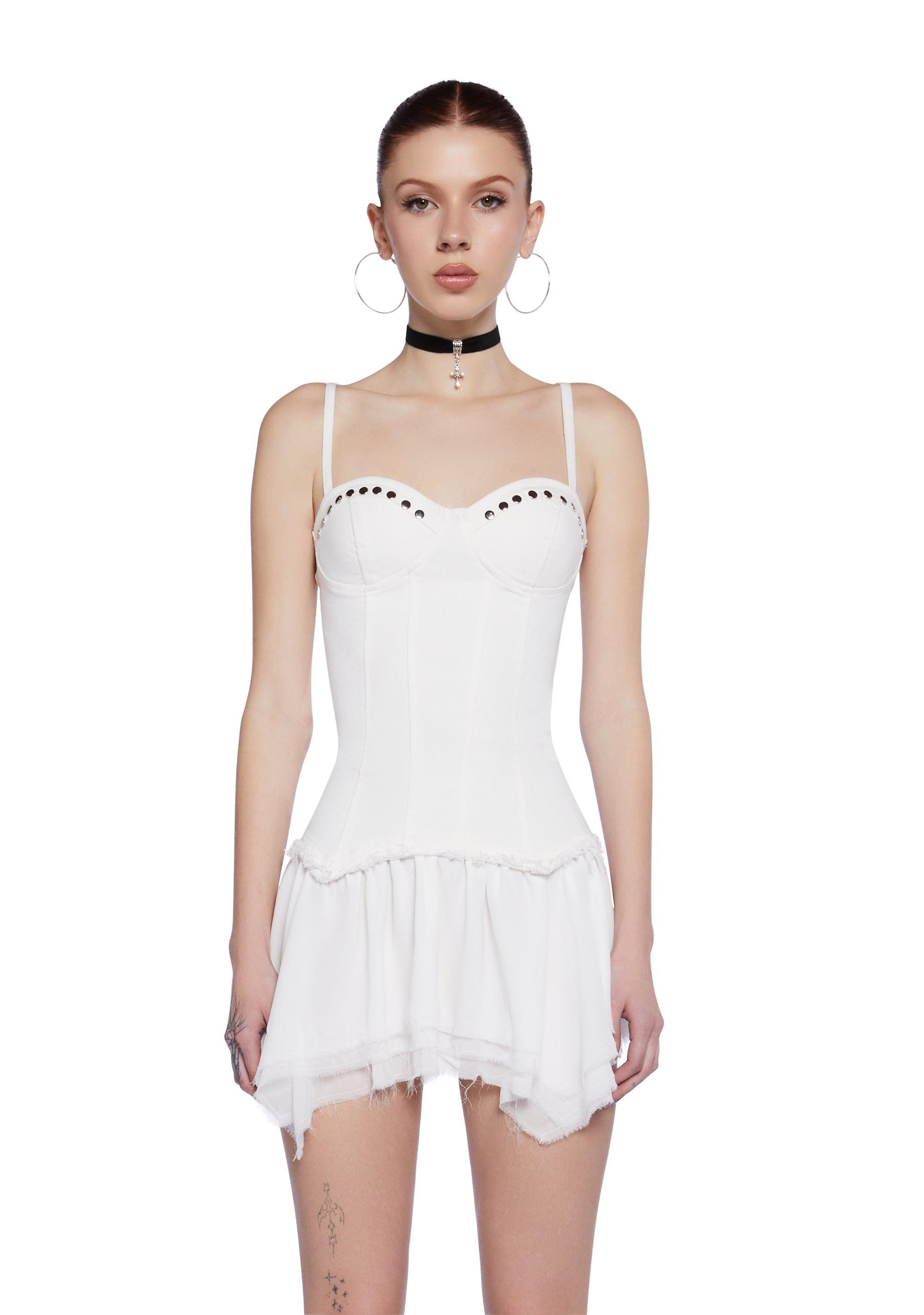 Generation Kiss Studded Denim Chiffon Handkerchief Mini Dress - White product image