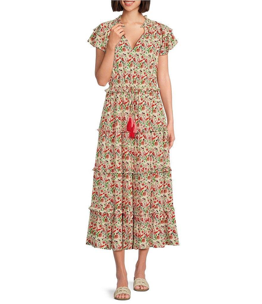 Gibson & Latimer Floral Printed Ruffle Neck Cap Sleeve Tiered Maxi Dress Product Image