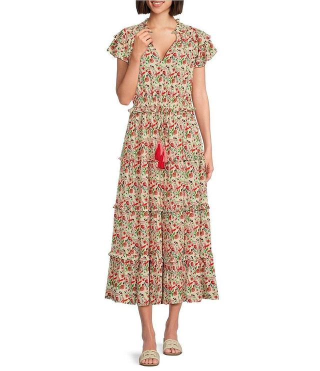 Gibson & Latimer Floral Printed Ruffle Neck Cap Sleeve Tiered Maxi Dress Product Image