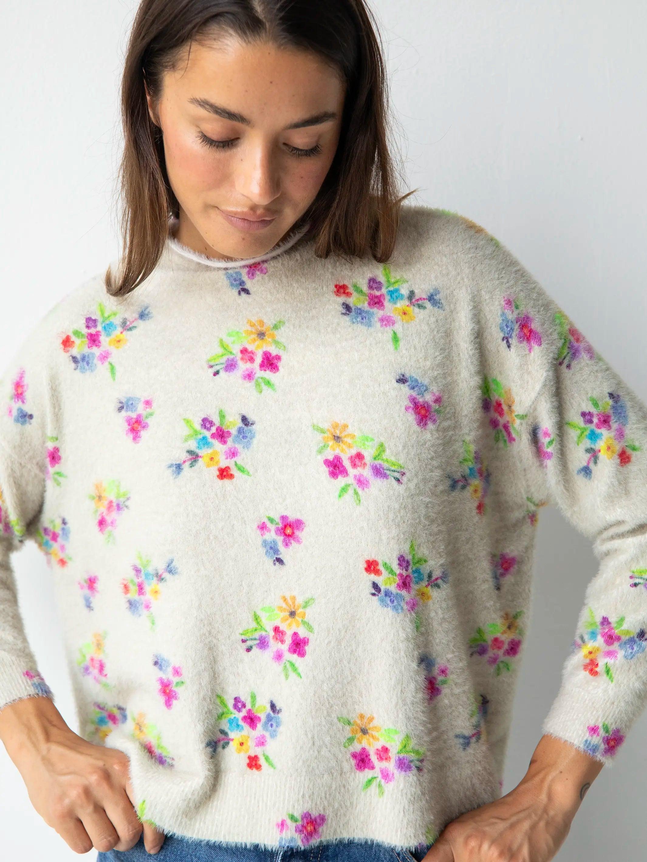 Cashmere-Like Mock Neck Sweater - Cream Multi Floral product image