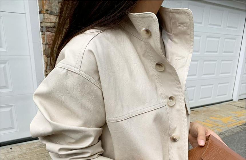 Stand Collar Plain Button-Up Faux Leather Jacket Product Image