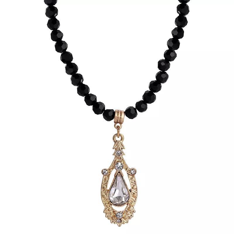 1928 Black Bead Crystal Pear-Shaped Center Drop Necklace, Womens Product Image