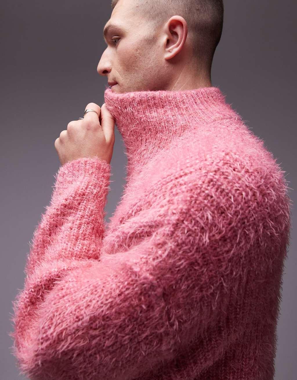 Topman fluffy knit 1/4 zip sweater in pink Product Image