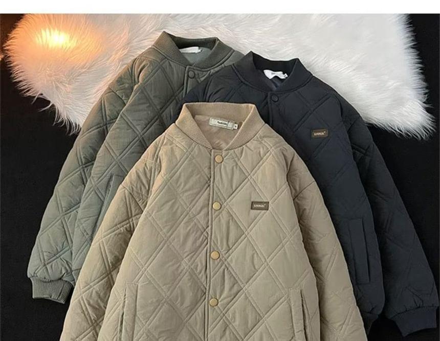 Plain Quilted Snap Button Bomber Jacket Product Image