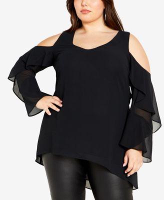 Plus Size Hi Lo Cold Shoulder Long Sleeve Top Product Image