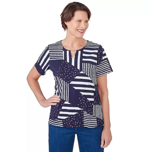 Womens Alfred Dunner Stars and Stripes Split Neck T-Shirt Blue Product Image