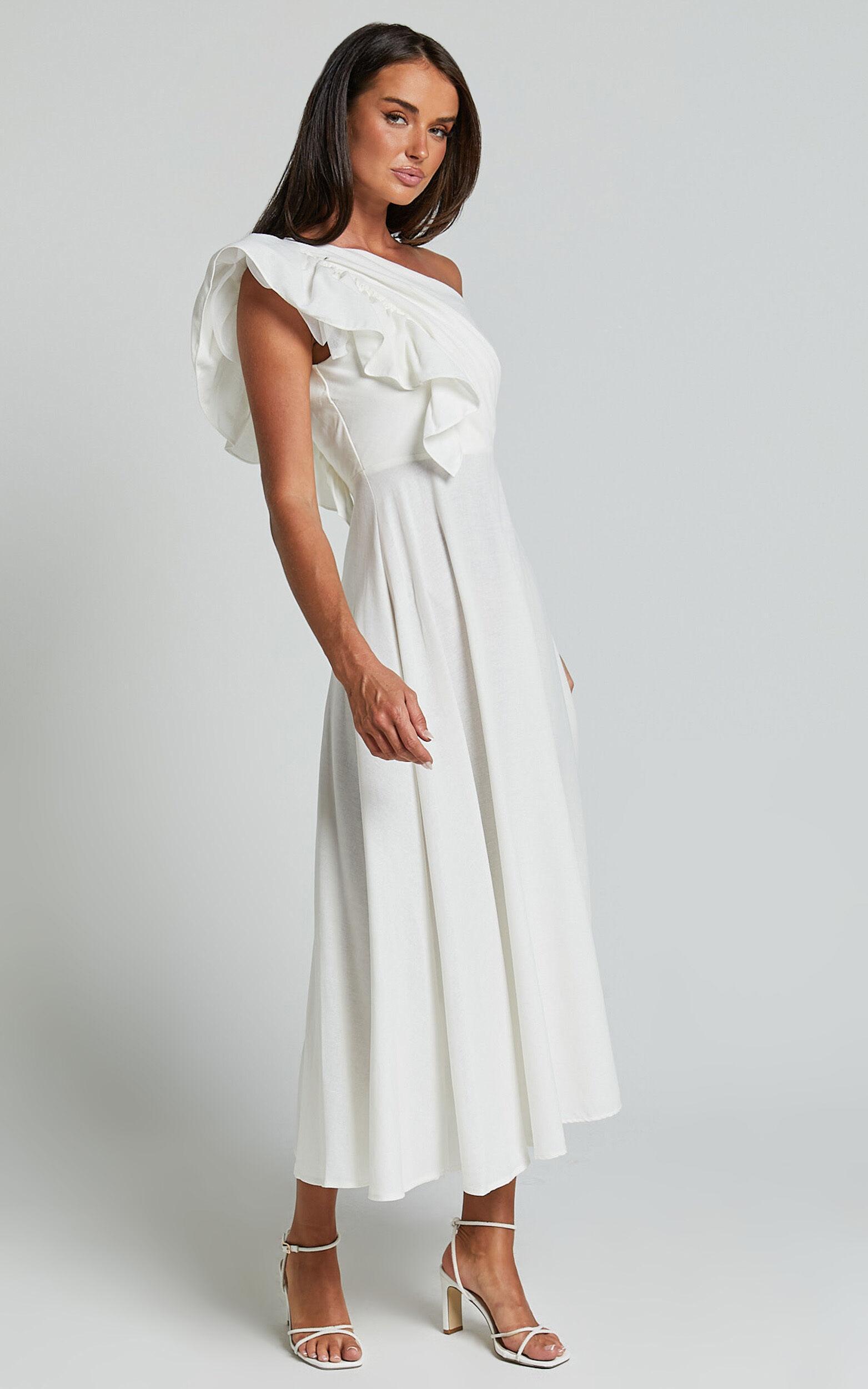 Dixie Midi Dress - Linen Look One Shoulder Ruffle Dress in White Product Image