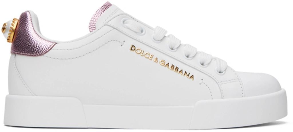 White & Pink Nappa Calfskin Portofino Lettering Sneakers In 87587 Bianco/rosa Product Image