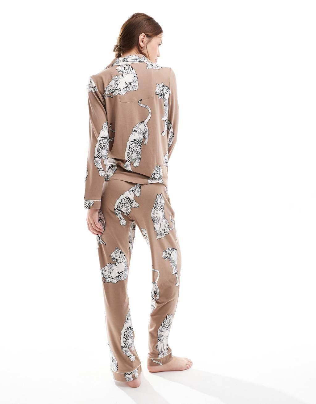 Chelsea Peers Exclusive poly tiger print button long sleeve top and pants pajama set in chocolate brown Product Image