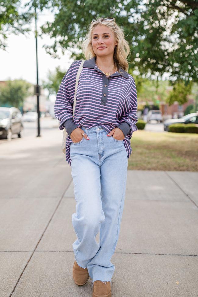 This Is The Life Navy and Pink Striped Collared Henley Oversized Knit Top Product Image