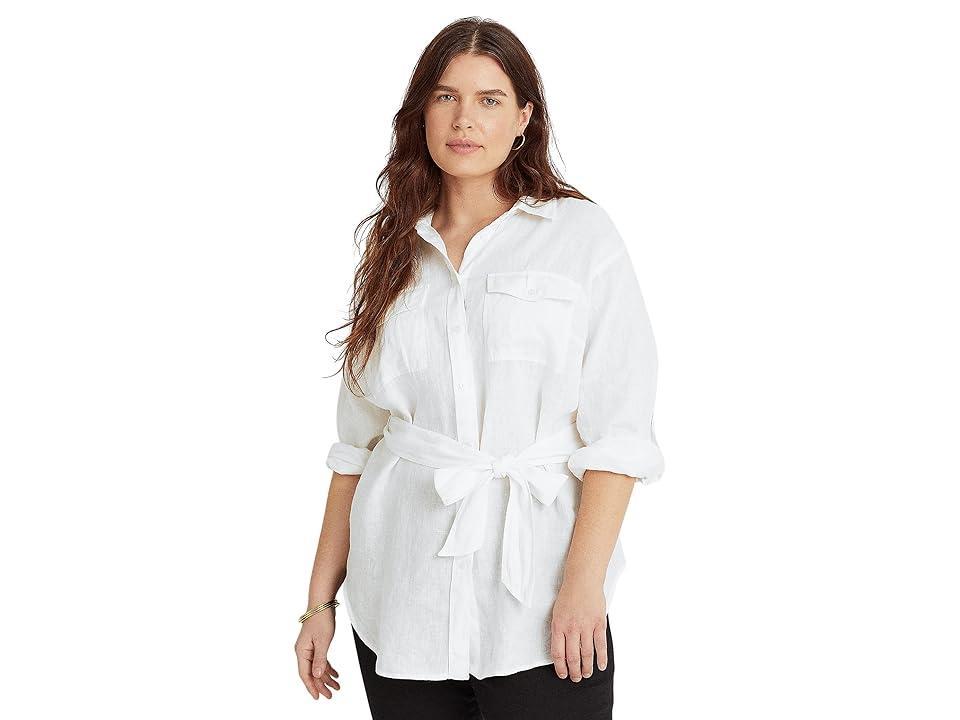 LAUREN Ralph Lauren Plus Size Belted Linen Shirt (White) Women's Clothing Product Image