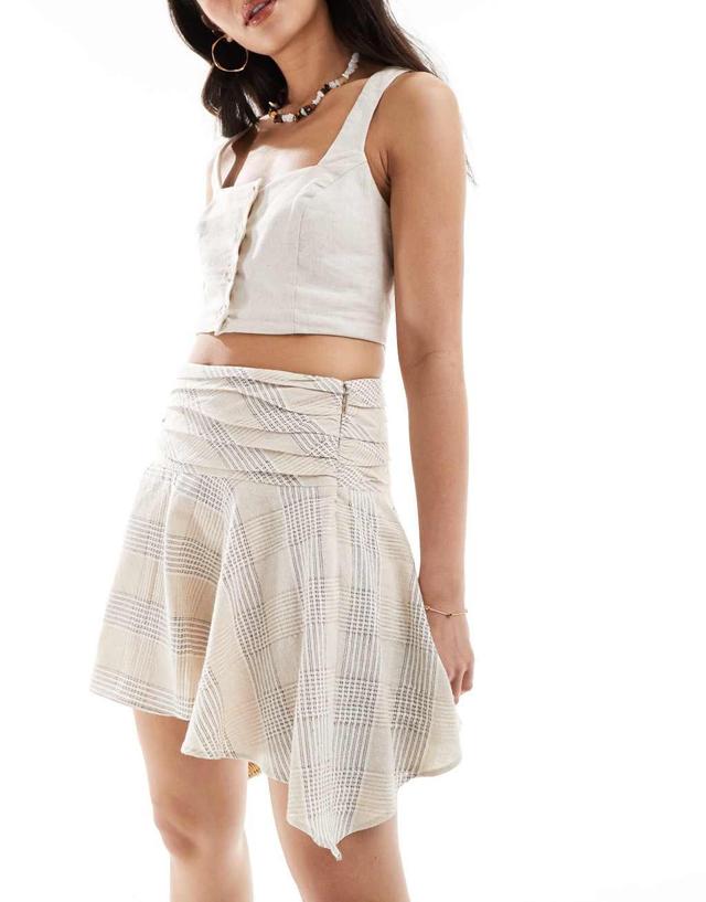 Mango checked ruched waist mini skirt in beige Product Image