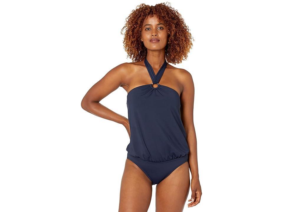 MICHAEL Michael Kors Iconic Solids Logo Ring Trim Halter Blouson One-Piece With Hidden U Wire (Navy) Women's Swimsuits One Piece Product Image