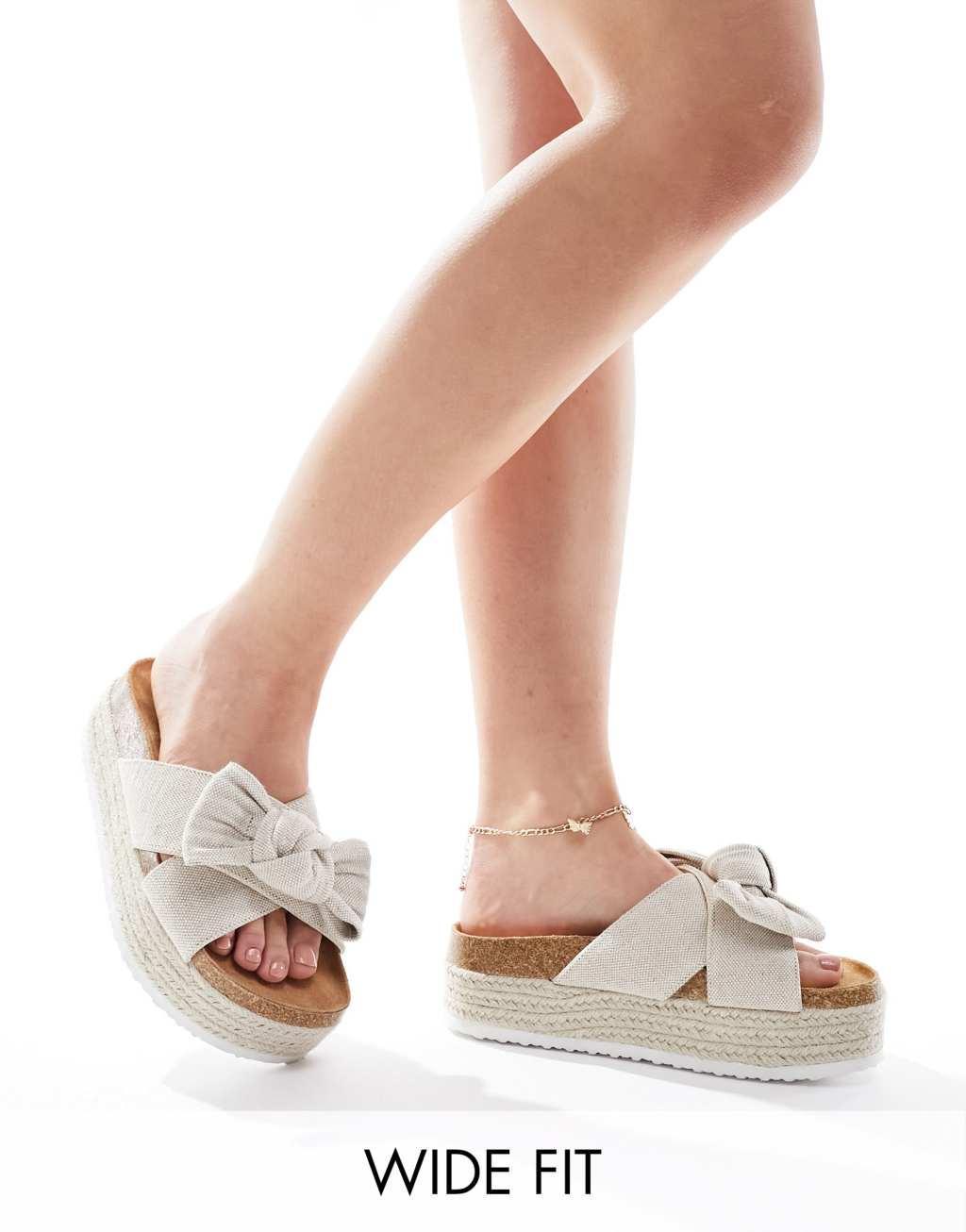 ASOS DESIGN Wide Fit Thankful bow detail flatform sandals in natural fabrication Product Image