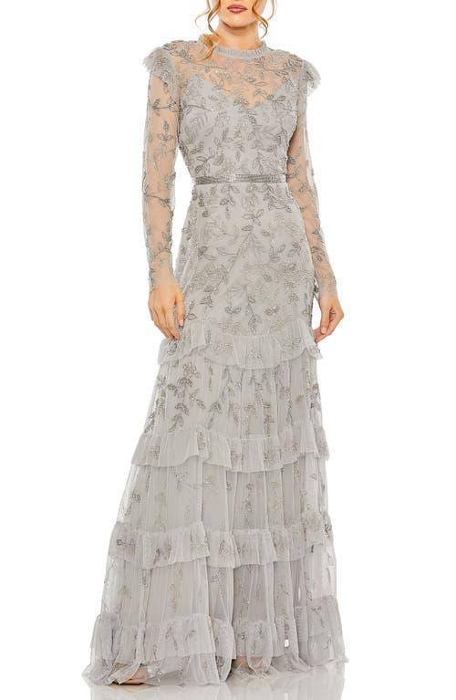 Mac Duggal Floral Beaded Appliqu Long Sleeve Tiered Gown Product Image