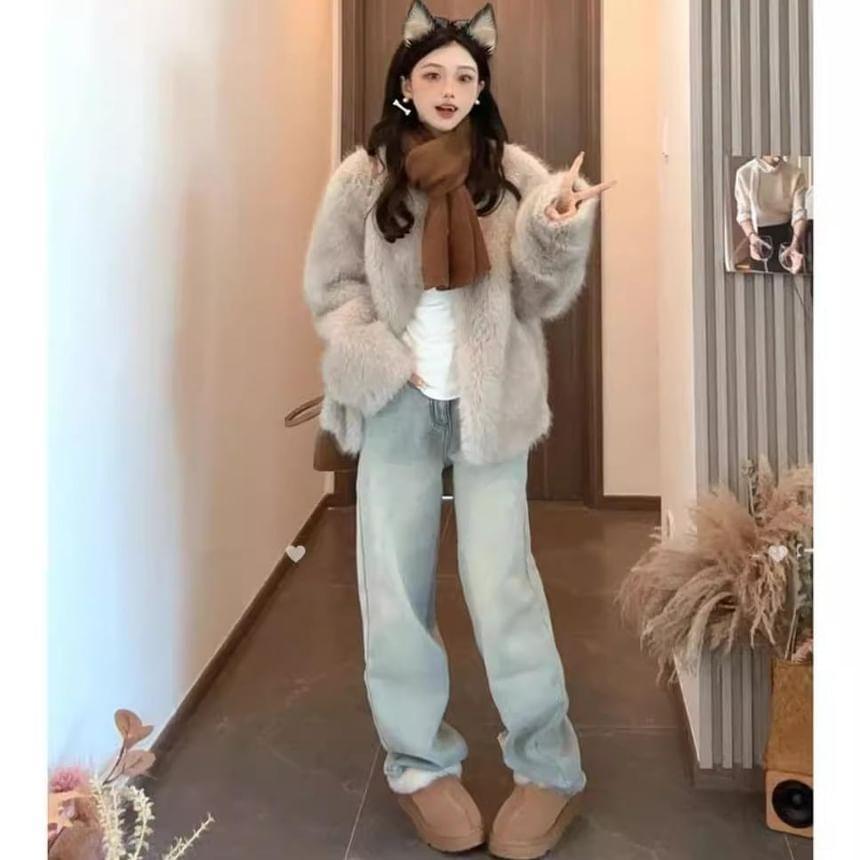 V-Neck Plain Fluffy Button Jacket Product Image