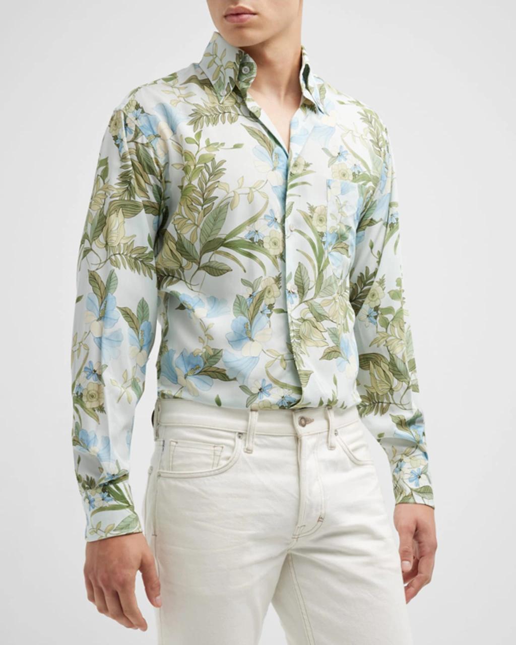 Button-down Collar Floral-print Lyocell-blend Shirt In Multicolore Product Image