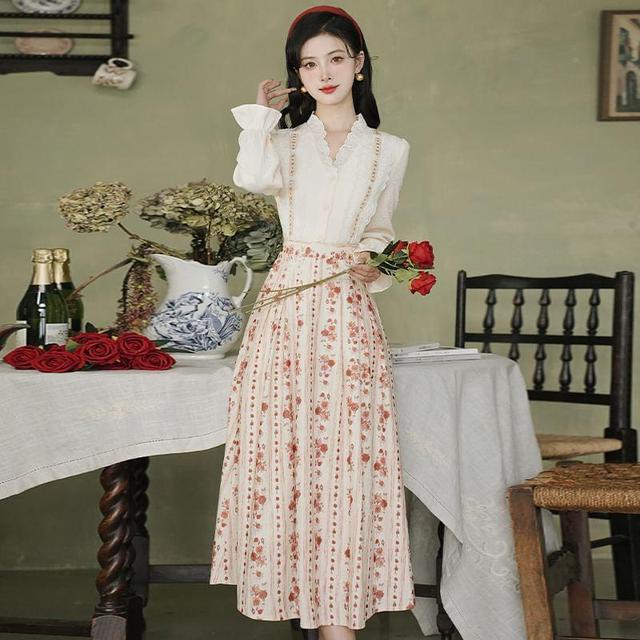 Long-Sleeve V-Neck Lace Trim Blouse / High Waist Floral Corduroy Midi A-Line Skirt / Set Product Image