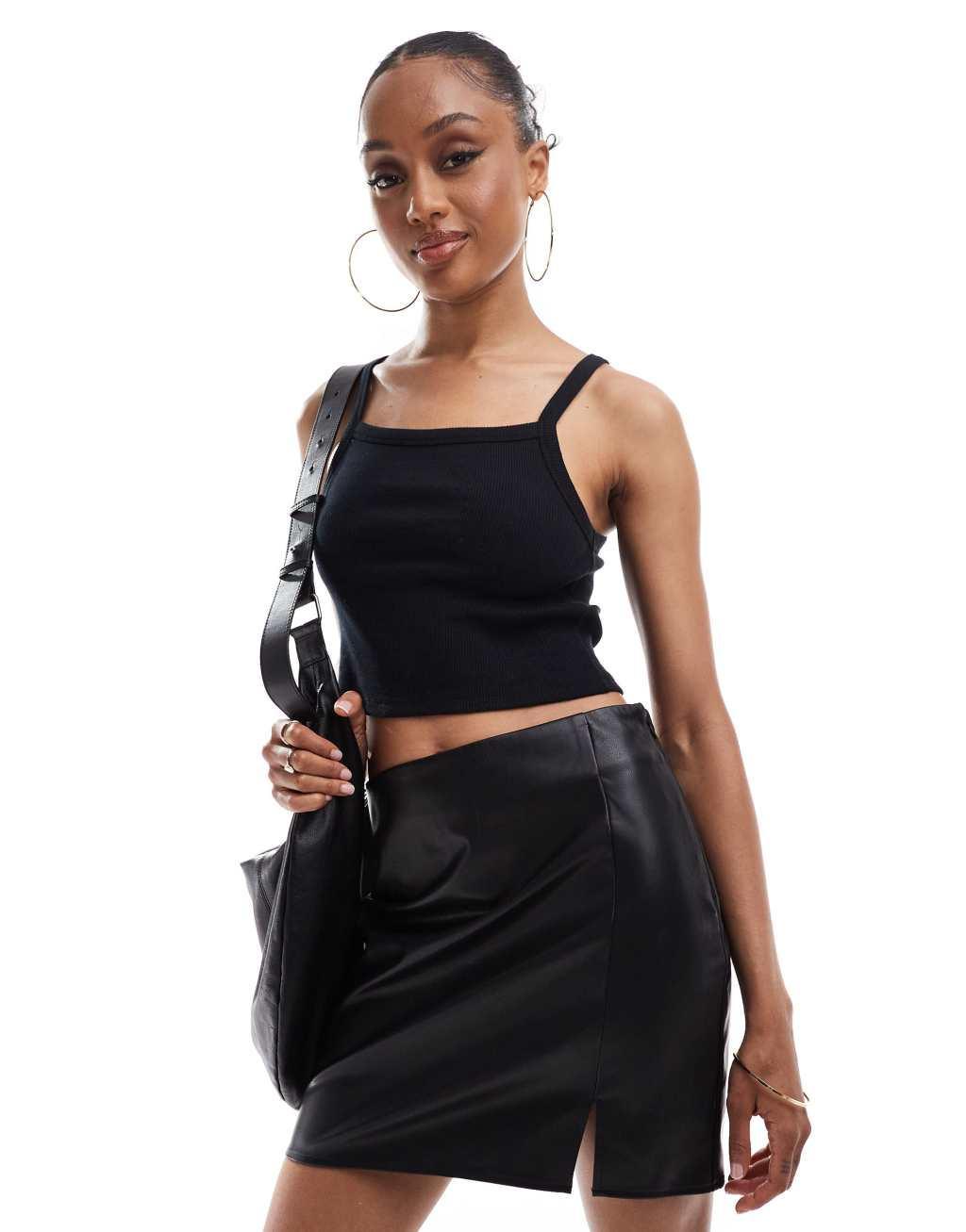 ASOS DESIGN Tall split front leather look mini skirt in black Product Image