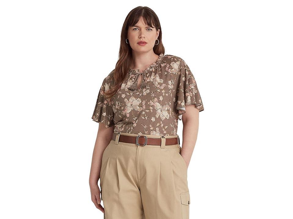 Lauren Ralph Lauren Plus Size Floral Jersey Tie Neck Top (Taupe/Cream Women's Clothing Product Image