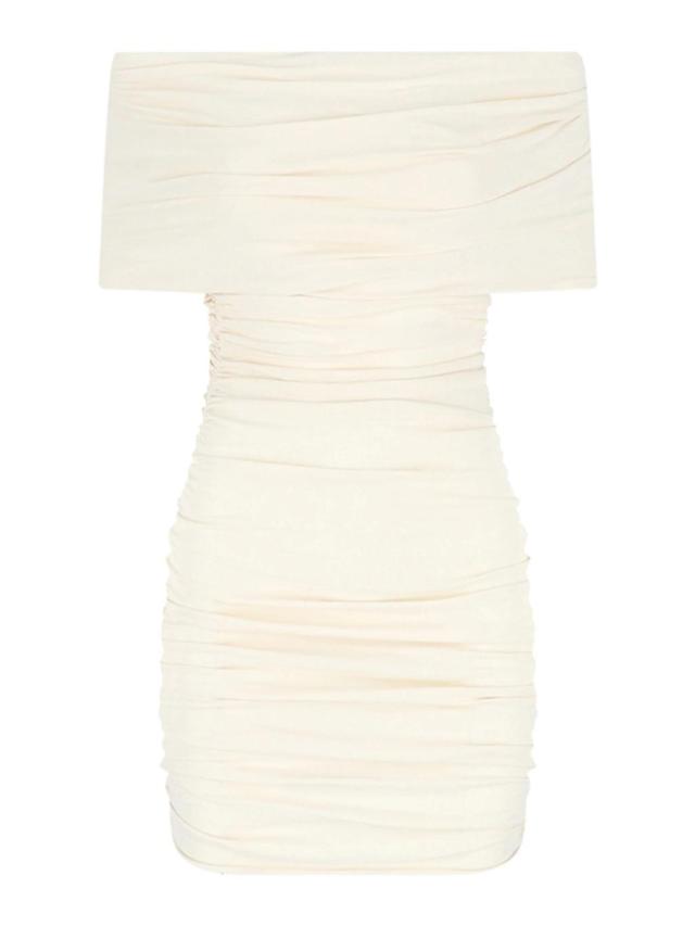 Aerica Off-the-shoulder Ruched Stretch-jersey Mini Dress In Beige Product Image