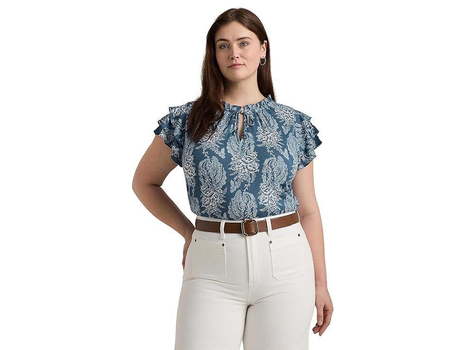 Lauren Ralph Lauren Plus-Size Floral Linen-Blend Jersey Tie-Neck Top Cream) Women's Clothing Product Image