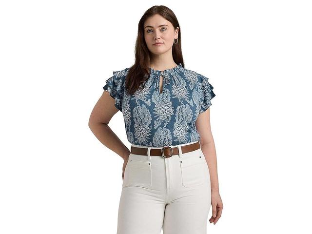 Lauren Ralph Lauren Plus-Size Floral Linen-Blend Jersey Tie-Neck Top Cream) Women's Clothing Product Image