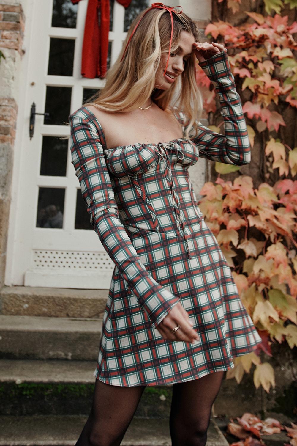 Eliza Red Tartan Corset Midi Dress - SALE Product Image