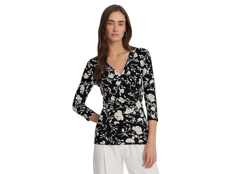 LAUREN Ralph Lauren Floral Surplice Stretch Jersey Top Cream 1) Women's Clothing Product Image