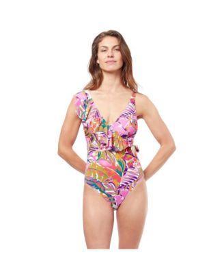 Profile by Gottex Womens Tropikaia V neck one shoulder ruffle one piece swimsuit Product Image