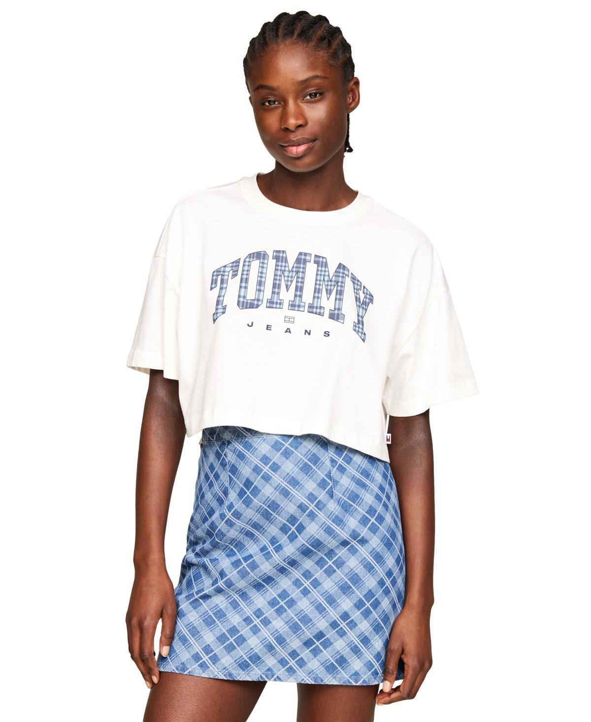 Tommy Jeans Womens Cotton Oversized Cropped Tartan Graphic T-Shirt Product Image