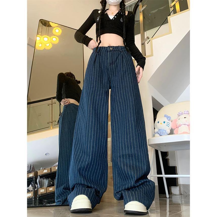 High Waist Striped Loose-Fit Wide-Leg Jeans Product Image