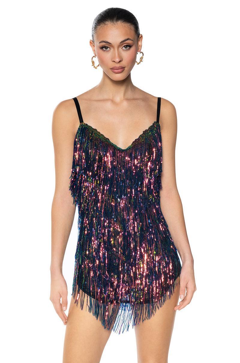 SHOW UP SEQUIN FRINGE MINI DRESS IN BLACK MULTI Product Image