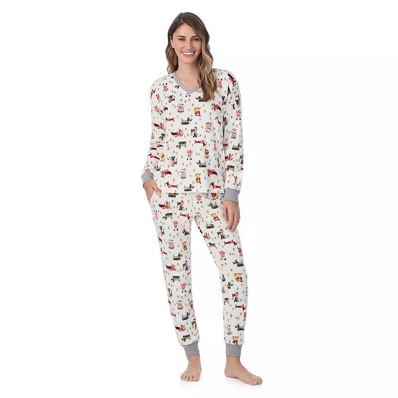 Womens Cuddl Duds Velour Fleece V-Neck Pajama Top & Pajama Bottoms Set Ivory Dog Product Image