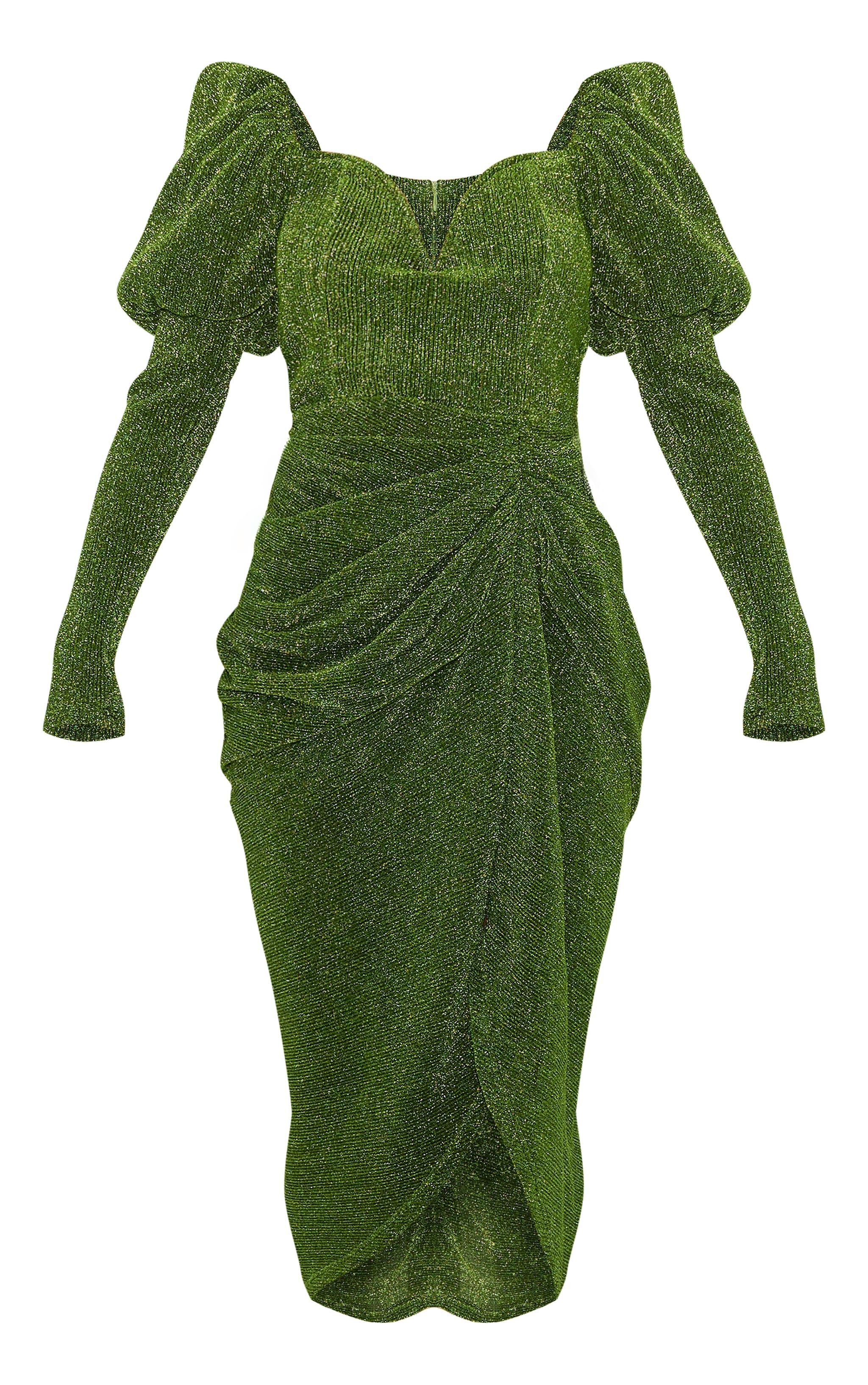 Green Glitter Plisse Puff Sleeve V Bar Draped Midi Dress Product Image